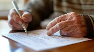 Mano de una persona mayor escribiendo en un formulario, representando la redacción de un testamento. La imagen evoca la importancia de la capacidad del testador al momento de otorgar un testamento, un punto clave para impugnarlo.
