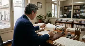 Un abogado revisa una escritura pública en su despacho, entre expedientes y documentos, el paso necesario para formalizar la donación de un inmueble a un hijo.