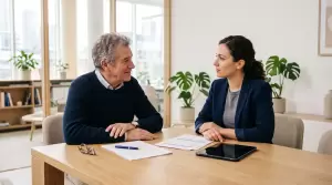 Un hombre mayor y una asesora fiscal conversan con documentos sobre la mesa, planificando una donación de padres a hijos frente a la opción de dejarlo en herencia.