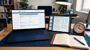 Formulario de solicitud de trámite administrativo abierto en la sede electrónica en un portátil, junto a notas a mano y un reloj, para presentar el recurso de reposición ante Hacienda dentro de plazo.