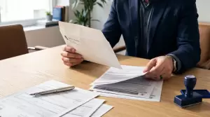 Hombre con americana revisa una carta de la Agencia Tributaria y una liquidación en su despacho antes de decidir si presentar un recurso de reposición.